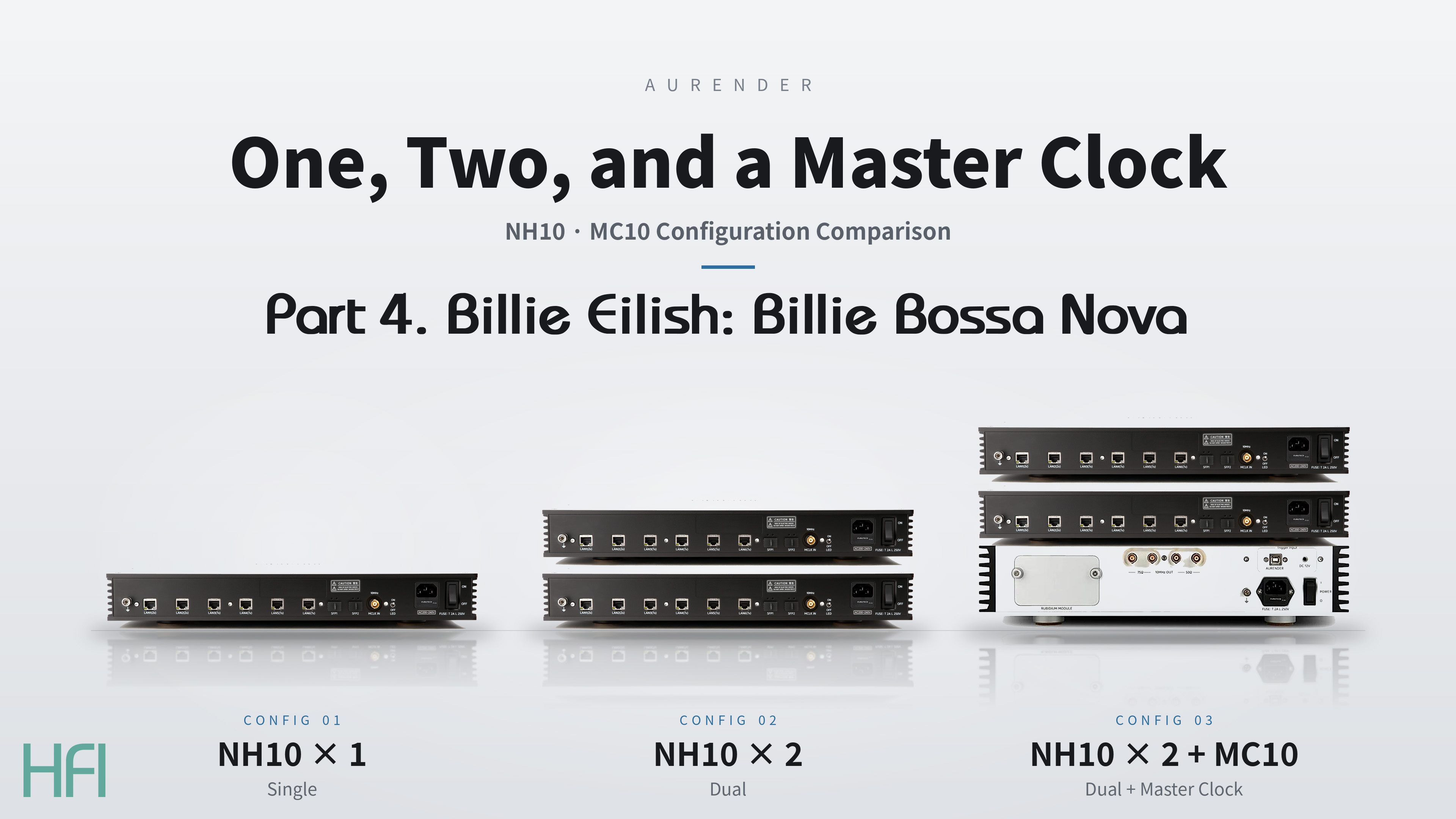 HFI Part 4 artwork showing one Aurender NH10, two NH10s, and two NH10s with MC10 for the Billie Bossa Nova comparison