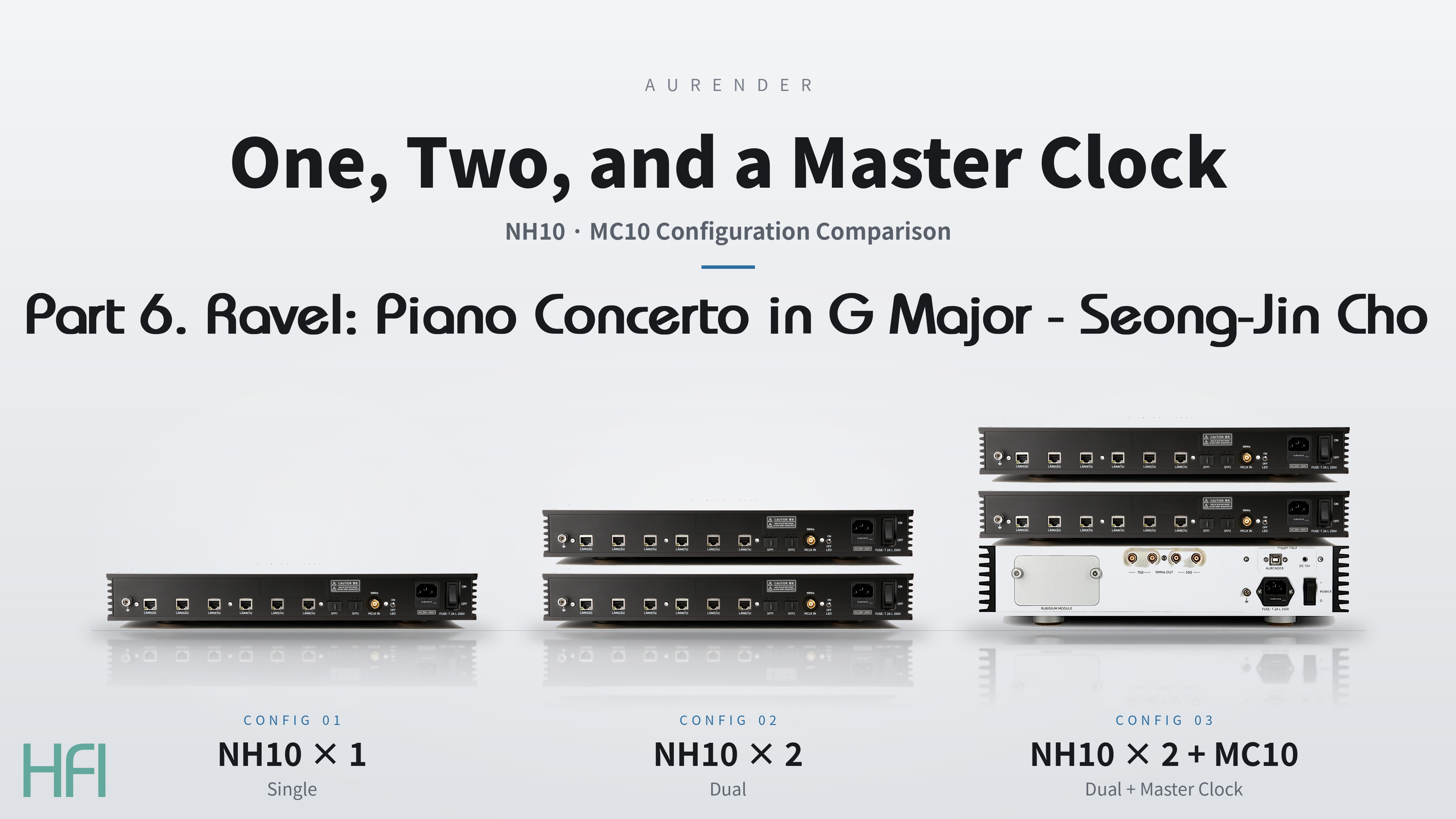 HFI Part 6 artwork showing one Aurender NH10, two NH10s, and two NH10s with an MC10 for the Ravel comparison