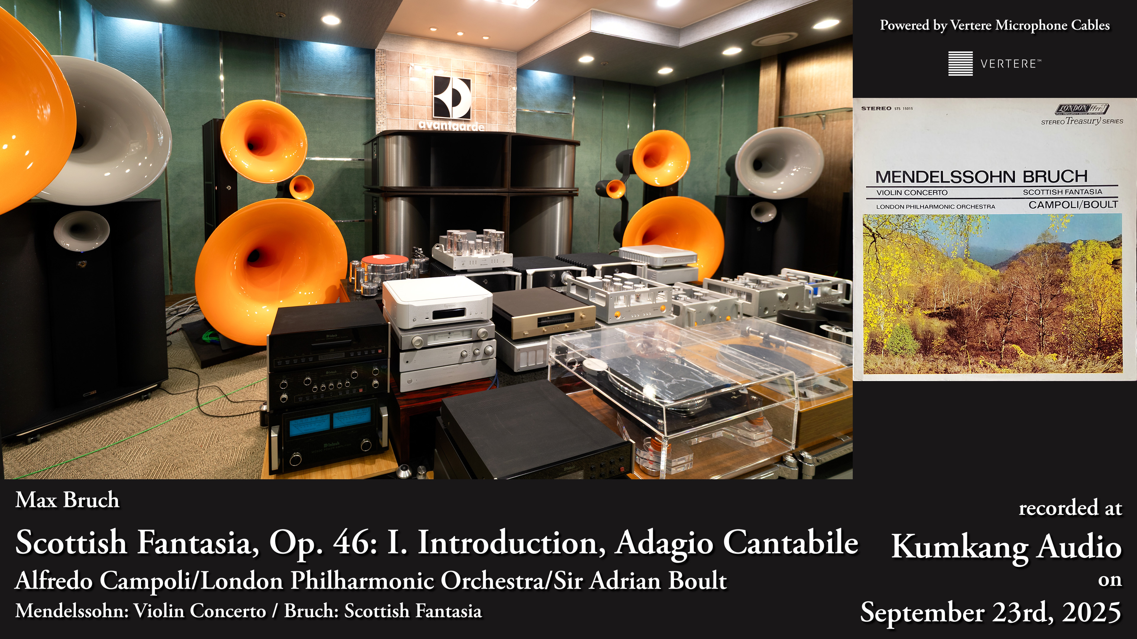 Avantgarde Mezzo G3 loudspeakers and the Vertere analog source used for HFI’s Bruch Scottish Fantasia session at Kumkang Audio