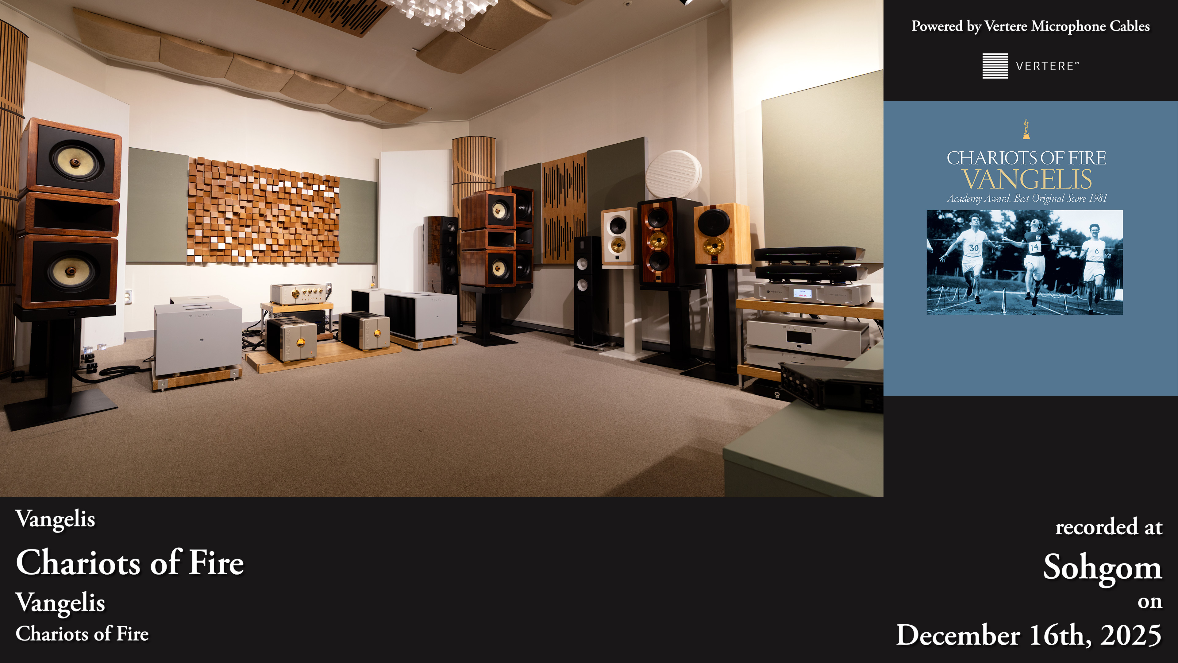 Klinger Favre STUDIO 20 loudspeakers and Riviera electronics at Sohgom beside HFI’s Chariots of Fire session graphic